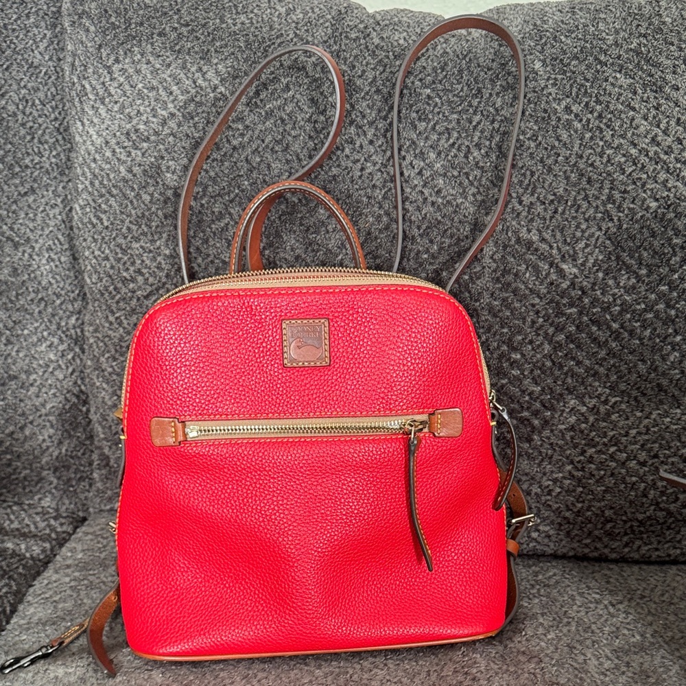 Dooney & Bourke Red Pebbled Leather Mini Backpack with Brown Trim